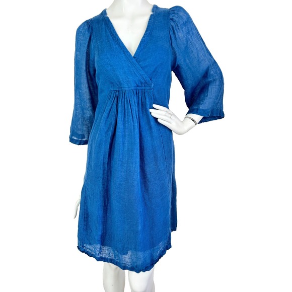 Sundance Linen Tunic Dress Size X-Small Blue Balloon Half Sleeve Pockets Lined - Picture 2 of 10
